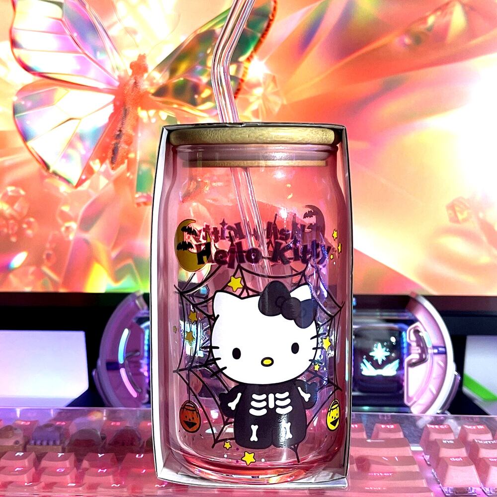 Hello Kitty Halloween Glass Tumbler Skeleton Cobweb Tinted Straw Lid 2024 Sanrio